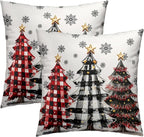 Christmas Tree Pillow Cover 18x18 Inch Set of 2,Winter Holiday Red Black Buffalo Plaid Xmas Farmhouse Decorative Cotton Pillow Cushion Case for Sofa Couch Bed Home Car