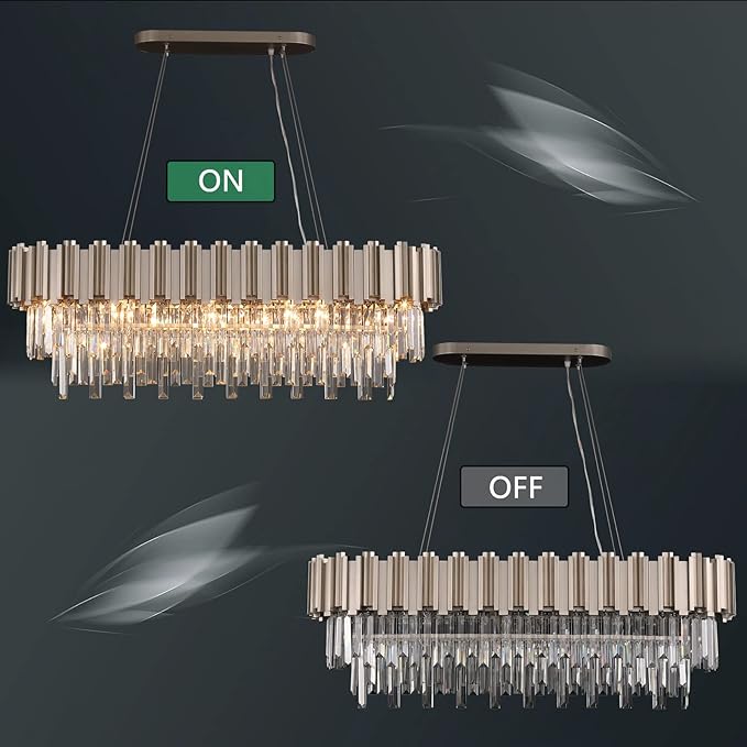 L43.3 Modern Rectangle Crystal Chandelier Nickel Linear Pendant Ceiling Light Fixture for Dining Room Contemporary Oval Raindrop Chandeliers Lighting for Kitchen Island 13-Light