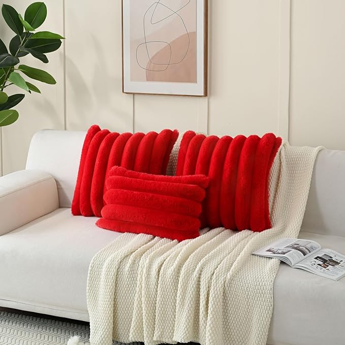 FUTEI Red Decorative Throw Pillow Covers 18x18 Inch Set of 2, Square Soft Faux Rabbit Fur Big Striped Cushion Cover,Home Decor for Couch Sofa Bed Living Room