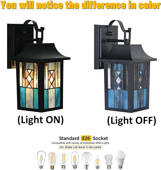 WL0011 Tiffany Style Outdoor Light Fixutres Stained Glass Wall Sconce Exterior Waterproof Wall Lantern Light Fixture for Balcony Aisle Hallway W 7X D 6 x H 12 Inches, Bulb Included (Aurix)