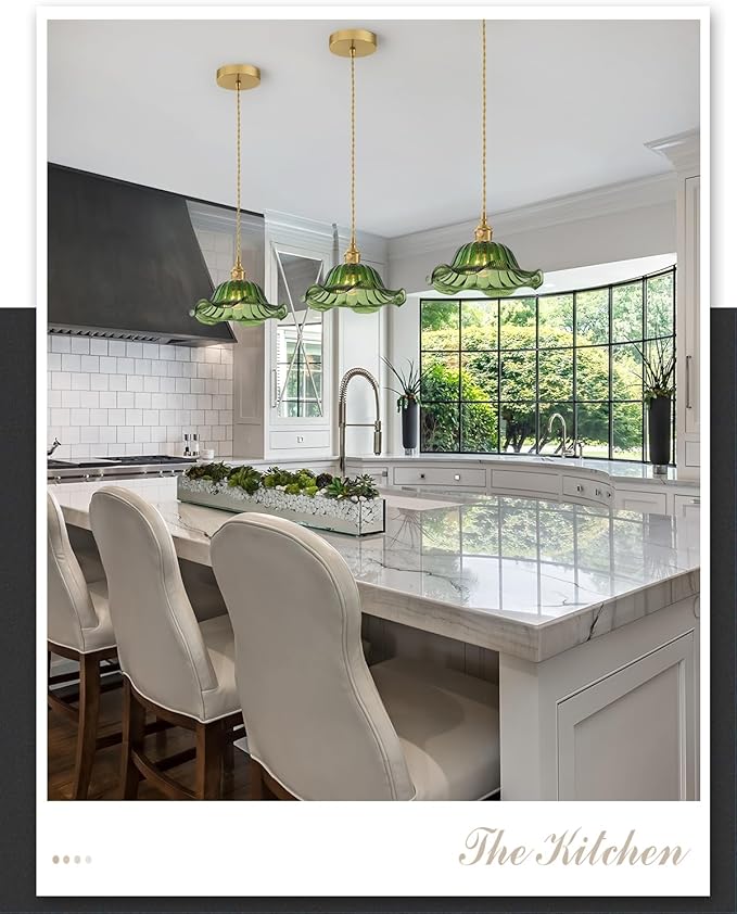 Vintage Glass Pendant Light，Green Flower Ceiling Pendant Light，Gold Adjustable Hanging Wire for Kitchen Island Dining Room Bedroom Hallway (10Inch - Green(A))