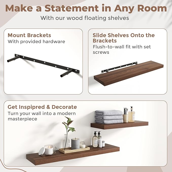 Floating Shelves for Wall with Invisible Brackets, Wall Mounted Engineered Wood Shelves with Wood Grain for Living Room, Bedroom, Bathroom, Kitchen Decor and Storage, Oak, 24"L Set of 2, Walnut