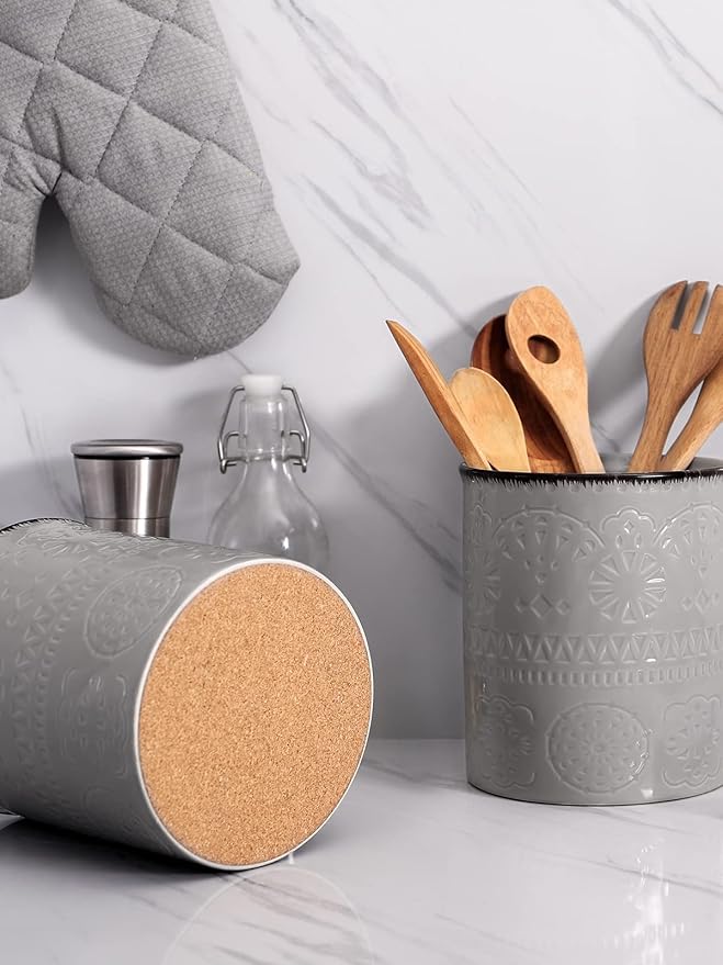 DOWAN 7.2" Kitchen Utensil Holder, Extra Large Farmhouse Utensil Holders for Countertop, Ceramic Utensil Crock, Anti Slip Cork Bottom (Gray, 7.2 Inch)
