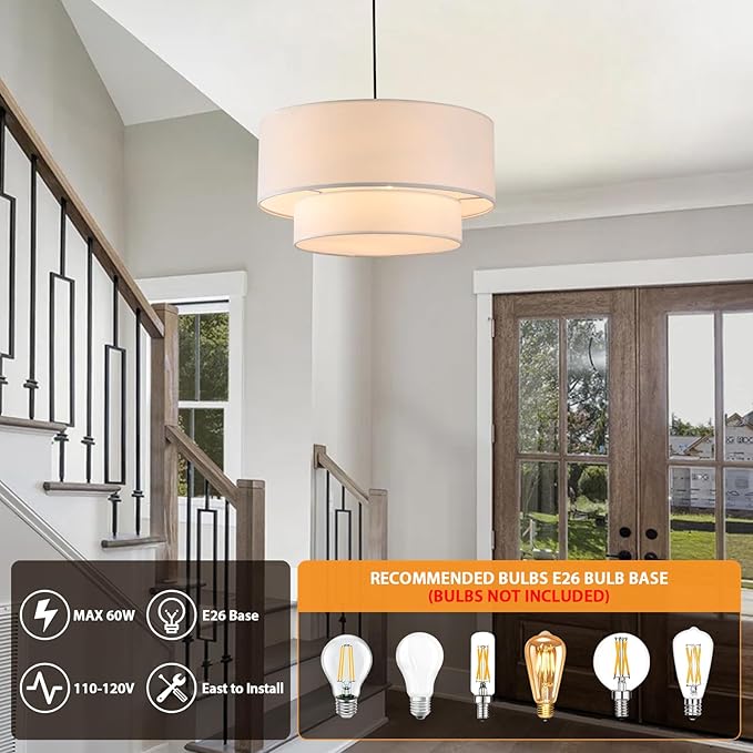 18" Drum Pendant Light Fixture, 3 Light Drum Chandelier with Wihte Fabric Lampshade, 2 Tier Dining Room Light Fixtures over Table, Ceiling Drum Chandeliers for Dining Room, Bedroom and Living Room