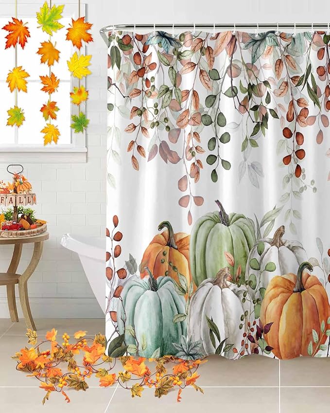 Fall Thanksgiving Shower Curtain, Autumn Pumpkins Eucalyptus Leaves Shower Curtains Set with Hooks, Blue Sage Green Orange Waterproof Fabric Bathroom Curtains Decor Home Accessories, 60 X 72 Inch Long
