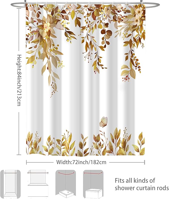 Eucalyptus Shower Curtain, Brown Watercolor Leaves with Floral Botanical Bathroom Decor, Waterproof Fabric Bath Curtain Set with Hooks, 72x84 Inches