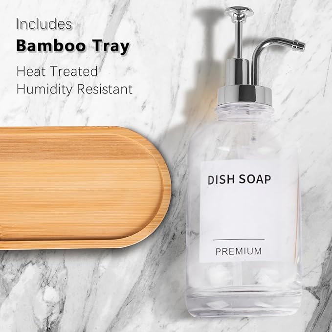 Dish Soap Dispenser for Kitchen, Hand Glass Soap Dispenser Set with Pump, Tray, Funnel for Bathroom, Shower, Laundry, Liquid, Lotion (Silver 2 Pack 18 Oz Clear Bottles with 12 Stickers)