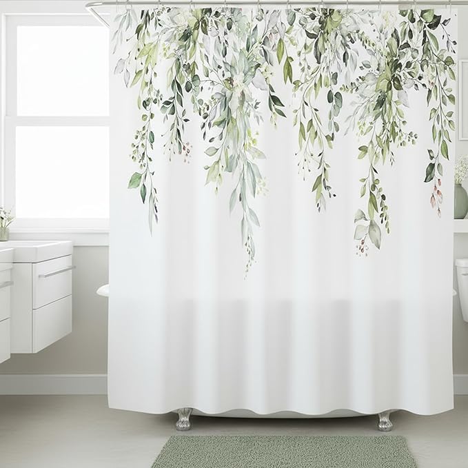 Sage Green Eucalyptus Shower Curtain Watercolor Plant Green Leaves Shower Curtains for Bathroom Waterproof Polyester Fabric Bath Curtain 72 x 72 Inch with 12 Hooks