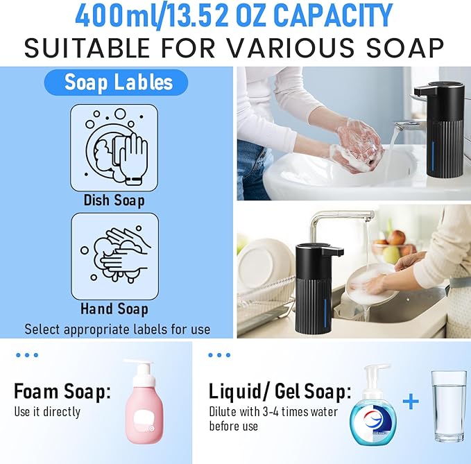 Automatic Soap Dispenser Touchless, USB Rechargeable Smart Hand Soap Dispenser, 4 Levels Adjustable, 13.5 oz/400 ml Wall Mounted for Bathroom, Kitchen (Black Foam)