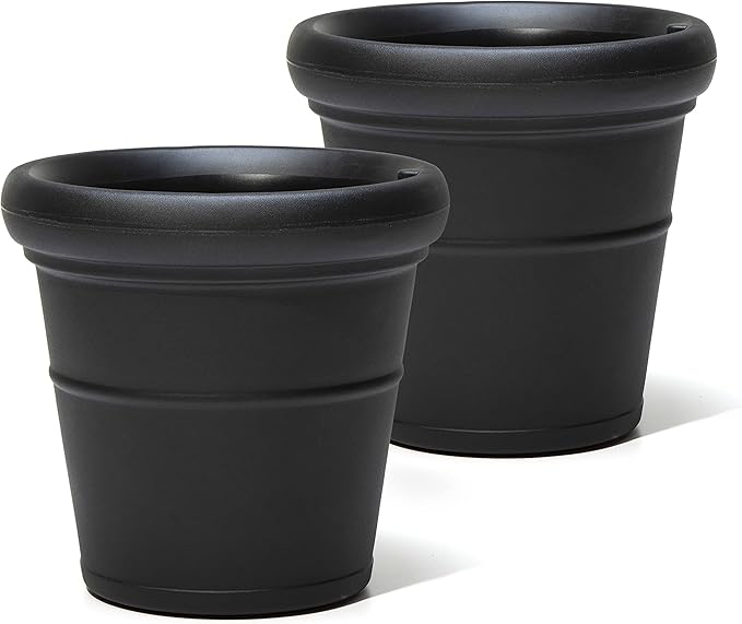 Step2 Claremont Tall Round Planter, Large Planters for Outdoor Plants, Gardening and Flower Pot for Patio or Porch, Efficient Drainage, Durable Plastic, Onyx Black, 2-Pack