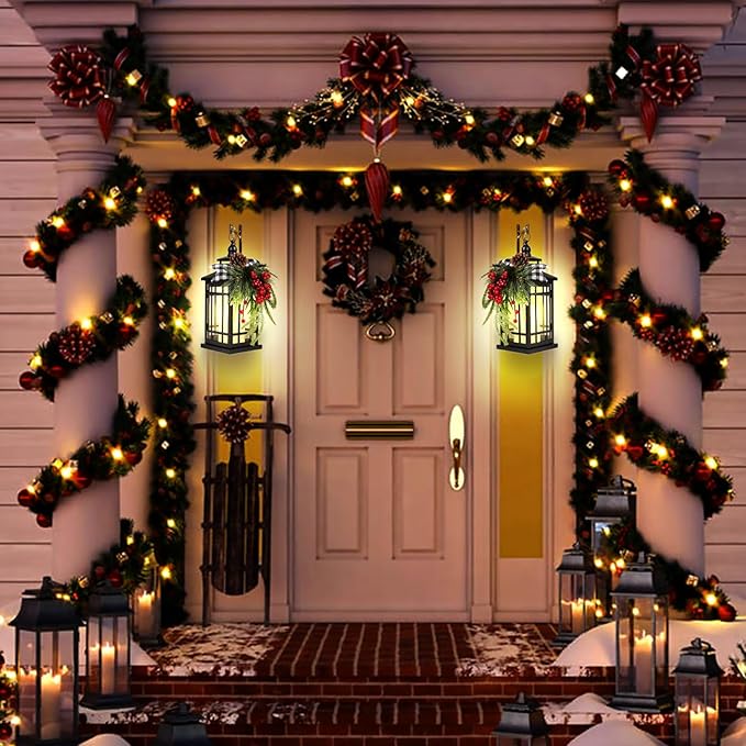 Metal Christmas Decorative Candle Lantern with Led Light,Plaid Ribbon,Lighted Hanging Vintage Lanterns for Home Decor Table Fireplace Porch Indoor Outdoor Decorations,Serpro