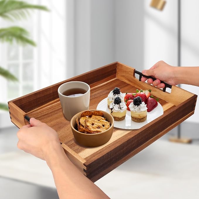 2 PCS Acacia Wood Serving Tray with Black Handles - 13 x 17 inches Premium Wooden Tray for Ottoman and Coffee Table Tray, Home Decor, Kitchen