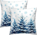Snow Forest Pillow Covers Set of 2, Blue Snowflake Pine Trees Square Decorative Cushion Cover Soft Cotton Pillows Case White 18x18 Inch for Couch Bed Sofa