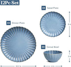 Sango 12 Pieces Stoneware Dinnerware Set, Modern Reactive Blue Dishes for 4, Premium Serving Plates and Bowls Sets, Chip Resistant Plate, Ceramic Dishware, Kitchen Dish Set, Scallop Dining Ware, Frill