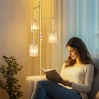 Boho Gold Crystal Floor Lamp, 3 Lights Vintage Dimmable Standing Lamp with Amber Crystal Shade, Dimmer Switch, Mid Century Modern Tree Lamp, 65IN Brass Tall Corner Lamps for Living Room Bedroom