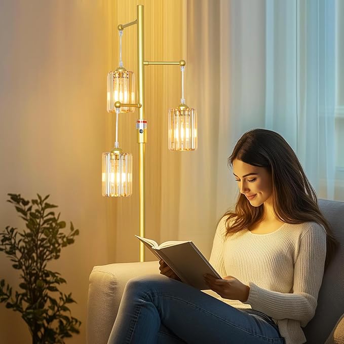 Boho Gold Crystal Floor Lamp, 3 Lights Vintage Dimmable Standing Lamp with Amber Crystal Shade, Dimmer Switch, Mid Century Modern Tree Lamp, 65IN Brass Tall Corner Lamps for Living Room Bedroom