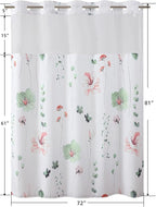 QiyI Flower Shower Curtain with Snap in Liner, Sage Green and Pink Watercolor Floral Cloth Bath Curtains, No Hook Shower Curtains with Mesh Top Window, Waterproof Bathroom Curtain Set, 72 x 81 Inch