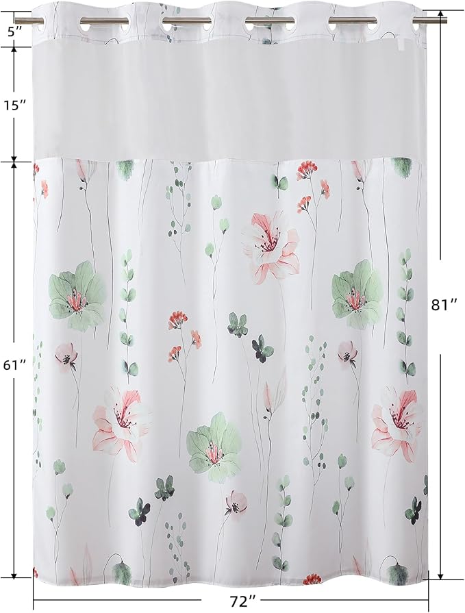 QiyI Flower Shower Curtain with Snap in Liner, Sage Green and Pink Watercolor Floral Cloth Bath Curtains, No Hook Shower Curtains with Mesh Top Window, Waterproof Bathroom Curtain Set, 72 x 81 Inch