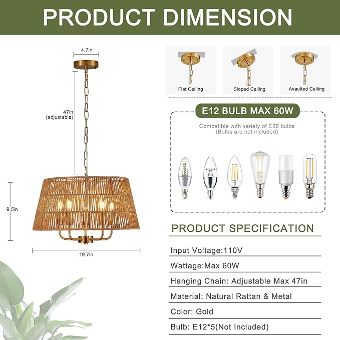 19.7" Boho Rattan Chandelier Vintage Farmhouse 5-Lights Hand-Woven Bamboo Golden Chandelier Light Fixture Retro Drum Wicker Gold Chandeliers for Dining Room, Kitchen, Living Room, E12