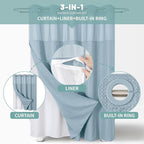 Teal Hook Waffle Weave Shower Curtain with snap-in Liner Replacement, 230GSM Waterproof Fabric Hotel Shower Curtain Set for Bathroom, Through Mesh Top Window,71Wx74H