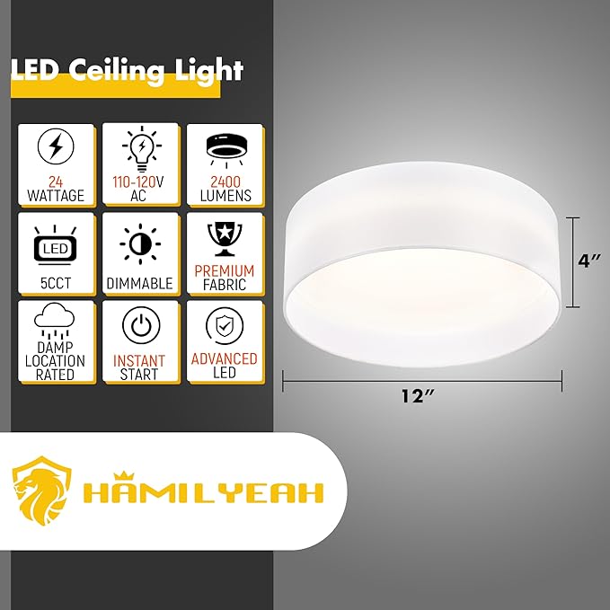 Hamilyeah Flush Mount Ceiling Light with White Fabric Shade, 24W LED Ceiling Light Fixture 12 inch, Modern Bedroom Light Fixture Ceiling Mount, Drum Ceiling Lighting Fixture Dimmable 5CCT for Bathroom