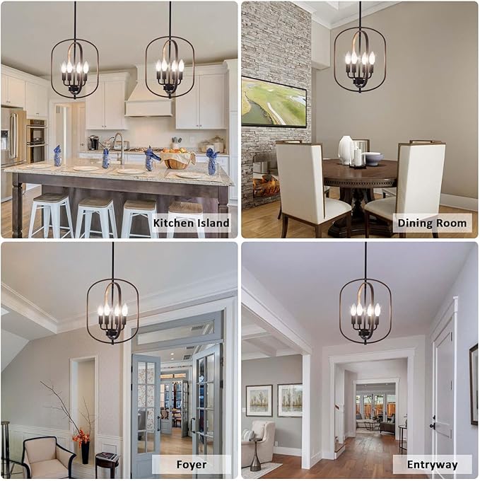 Modern Farmhouse Chandeliers for Dining Room Light Fixture 4 Light Adjustable Pendant Lights Kitchen Island Faux Wood Rustic Hanging Small Kitchen Chandelier for Entryway Living Room Foyer Hallway