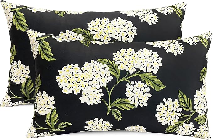 Decorative Throw Pillow Covers Set of 2 Black Hydrangea Pillow Covers 12x20 inch Super Soft Short Plush Square Floral Throw Pillows,Farmhouse Outdoor Pillow Covers for Couch Living Room