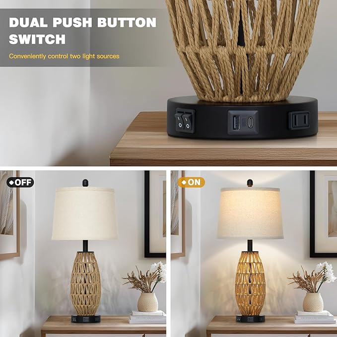 27" Rattan Table Lamps Set of 2, Boho Wicker Lamp with Night Light, Bedside Lamps for Bedroom with USB A+C Charging Port & AC Outlet, Farmhouse Coastal Woven Lamp for Nightstand Living Room