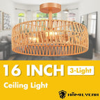 Hamilyeah Boho Flush Mount Ceiling Light Fixture with Rattan Shade, 16 inch Gold Light Fixture Ceiling Mount for Living Room, Bedroom, Kitchen