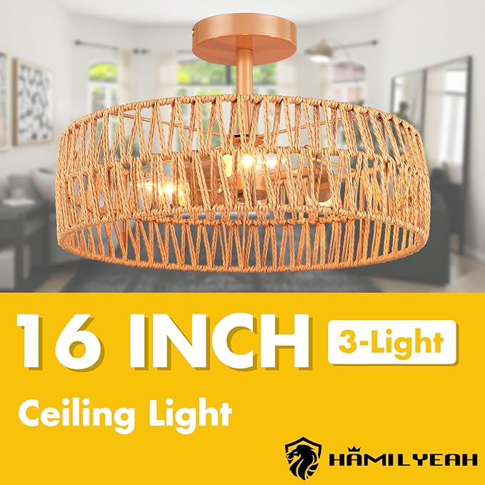 Hamilyeah Boho Flush Mount Ceiling Light Fixture with Rattan Shade, 16 inch Gold Light Fixture Ceiling Mount for Living Room, Bedroom, Kitchen