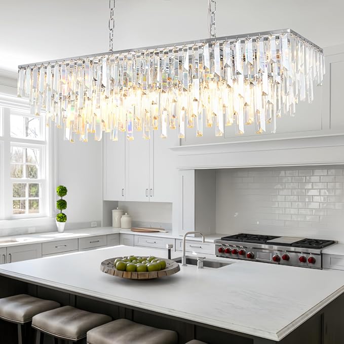 Rectangle Chandeliers for Dining Room, 40" Chrome Modern Top K9 Rectangle Crystal Chandelier 12 Lights Rectangular Adjustable Pendant Ceiling Light Fixture for Dining Room Kitchen Island