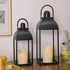 Lanterns Decorative Outdoor Indoor, Black Metal Outdoor Lanterns, 17'' 13'' Set of 2 Modern Farmhouse Candle Lantern Halloween Lanterns Centerpieces for Home, Wedding, Patio, Porch, Mantel
