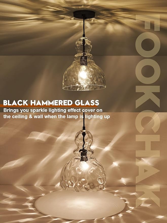 Hammered Glass Pendant Light for Kitchen Island Black Pendant Hanging Light 10inch Large Glass Pendant Lights for Kitchen Sink Dining Room Hallway Entrance, 10in, E26