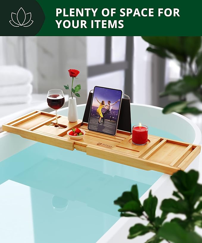 ROYAL CRAFT WOOD Bathtub Tray Caddy for Tub, Bamboo Bath Shelf, Premium Foldable Wood Bath Table, Expandable Bathtub & Bathroom Accessories, New Home Gifts for Mom, Housewarming, Anniversary, Wedding