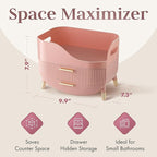 Large Makeup Cosmetic Countertop - Cosmetic Organizer - Vanity, Bathroom Storage for Skin Care Organizer - Space-Saving Design with Drawers - Open-Top, Gold Accents, Portable Side Handles (Pink)