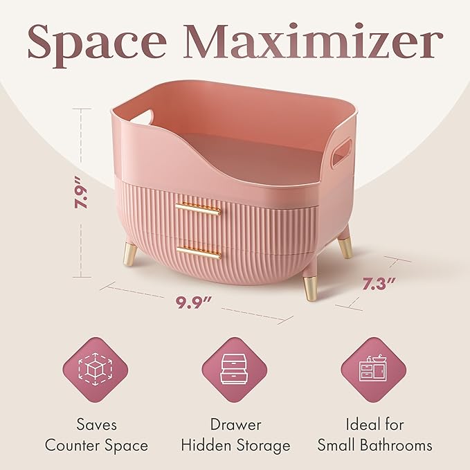 Large Makeup Cosmetic Countertop - Cosmetic Organizer - Vanity, Bathroom Storage for Skin Care Organizer - Space-Saving Design with Drawers - Open-Top, Gold Accents, Portable Side Handles (Pink)