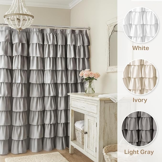 Seasonwood Ruffle Shower Curtain Gray Farmhouse Vintage Handcrafted Rustic Decorative Fabric Shower Curtains for Bathroom, 72" x 72"