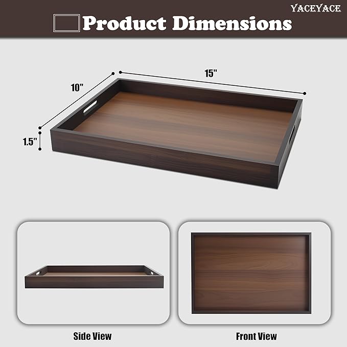 Wood Serving Tray Decor, 15"x10"x1.5" Medium Serving Tray for Party, Ottoman, Coffe Table, Bar, Breakfast in Bed, Dining, Home Decor