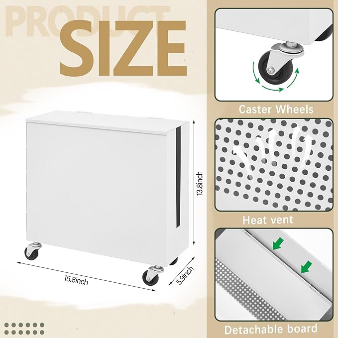 Extra Large Cable Management Box with Caster Wheels Adjustable Cord Hider Box for Power Strip Metal Router Hider Organizer Surge Protector Storage Organizer for Office, Home(White)