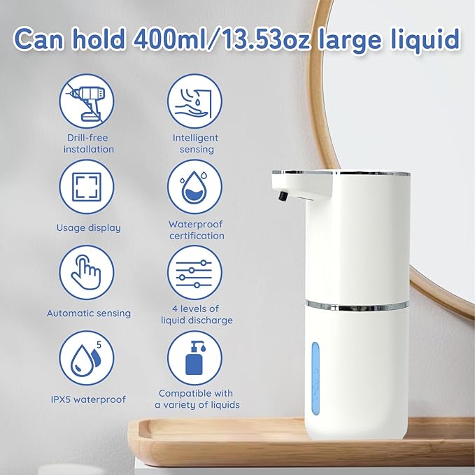 Foaming Soap Dispenser, Automatic Soap Dispenser, 13.5oz/400ml Automatic Soap Dispenser Touchless, USB Rechargeable 4 Level Adjustable Electric, for Bathroom, Kitchen,Hotel