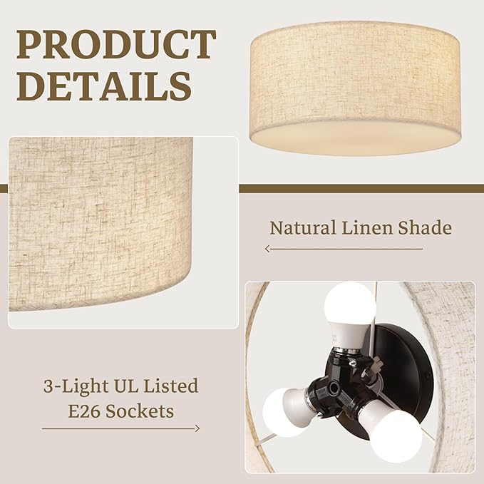 13inch Semi Flush Mount Ceiling Light Fixture,3-Light Ceiling Mount Drum Light Fixture with Linen Shade,Modern Close to Ceiling Lamps for Living Room, Bedroom, Dining Room,Hallway