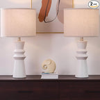24.75 Inch White Ceramic Table Lamp Set of 2 with Oatmeal Fabric Shade, 3-Way Dimmable Tall Modern Lamp for Living Room, Bedroom, Office Desk & Nightstand