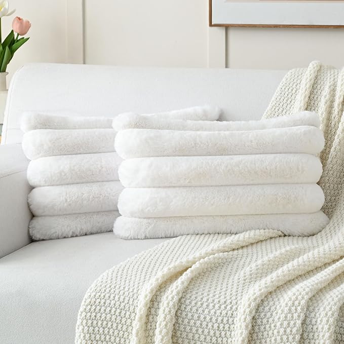 FUTEI Cream White Decorative Throw Pillow Covers 12x20 Inch Set of 2, Square Soft Faux Rabbit Fur Big Striped Cushion Cover,Home Decor for Couch Sofa Bed Living Room