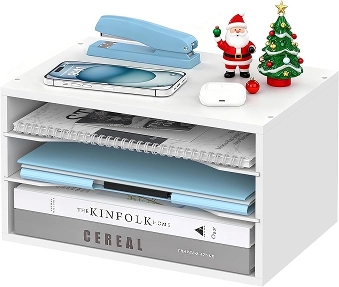 Wood Desk Organizer, 3 Tier Paper Tray Organizer for Desk with Adjustable Storage Shelves, Desktop Paper Sorter Mail Holder for Office Home Classroom, White