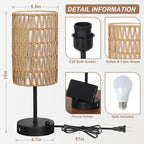 Touch Table Lamp Set of 2 For Bedroom with Bulb, Boho Small Desk Lamp For Living Room With Rattan & Linen Shade, 3 Way Dimmable Bedside Table Lamp For Nightstand With USB Charging Port & Phone Stand