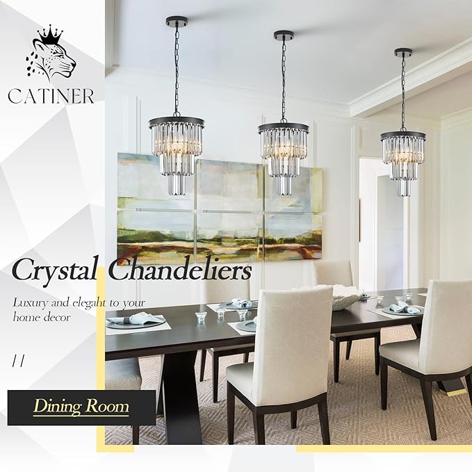 3 Tiers Black Crystal Pendant Light, Mini Smoke Gray K9 Crystal Chandelier Modern Pendant Light Fixture for Kitchen Island Dining Room Hallway Bedroom Closet