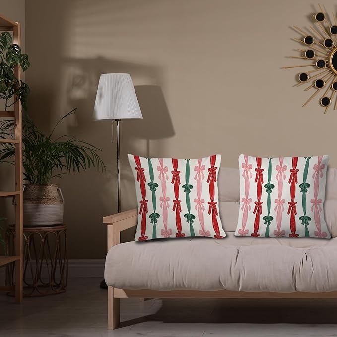 JINYO Retro Red and Green Christmas Ribbon Bow Pillow Covers 18x18, Coquette Christmas Decor, Preppy Red Green and Pink Xmas Throw Pillow Covers for Home Living Room Bedroom Set of 2