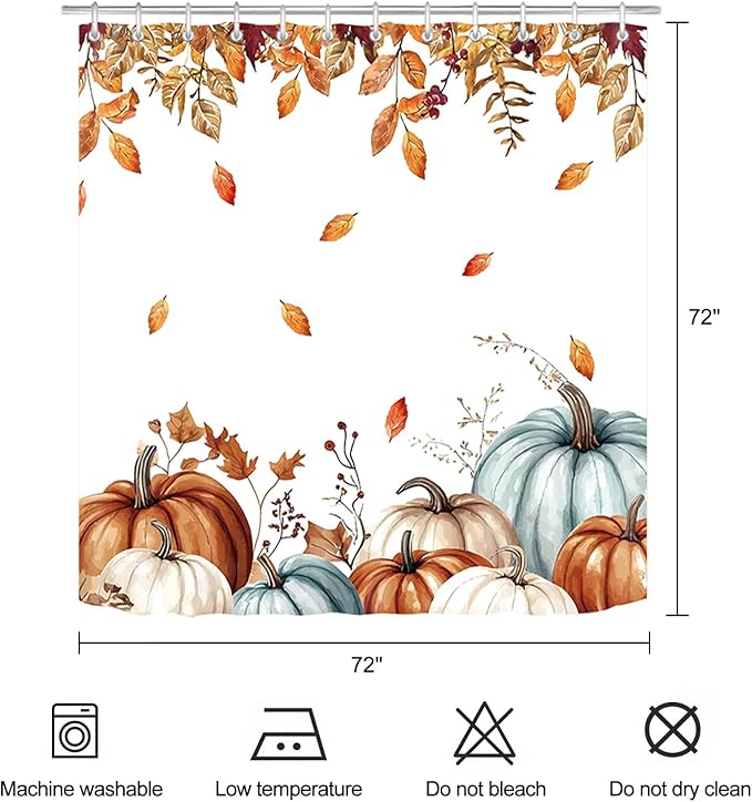 Fall Pumpkin Shower Curtain Autumn Leaves Harvest Thanksgiving Shower Curtains for Bathroom Waterproof Polyester Fabric Bathroom Curtain 72 x 72 Inch with 12 Hooks