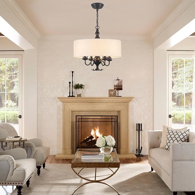 Drum Chandelier, 17.71” Farmhouse Chandeliers for Dining Room 4-Light with White Linen Drum Shade, Adjustable Height Round Chandelier Hanging Light for Kitchen Living Room Bedroom, UL-Listed
