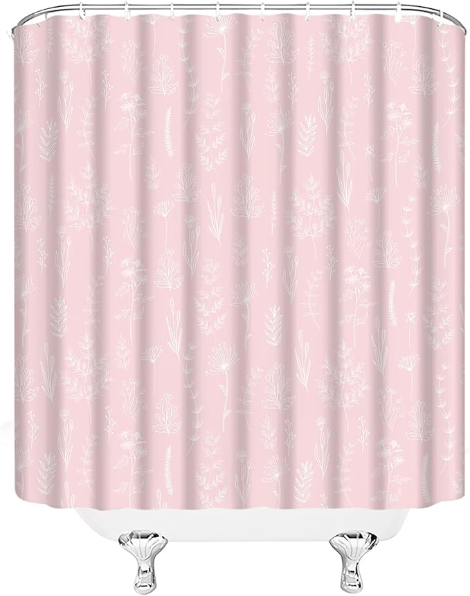 Pink Botanical Shower Curtain Vintage Herbs Floral Farmhouse Cute Boho Leaves Plant Retro Flowers Bathroom Curtain Set with Hooks(91" Wx70 H)